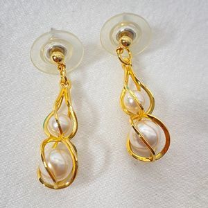 Faux Pearl Earrings In Gold Tone Twists Dangle Drop Post Back